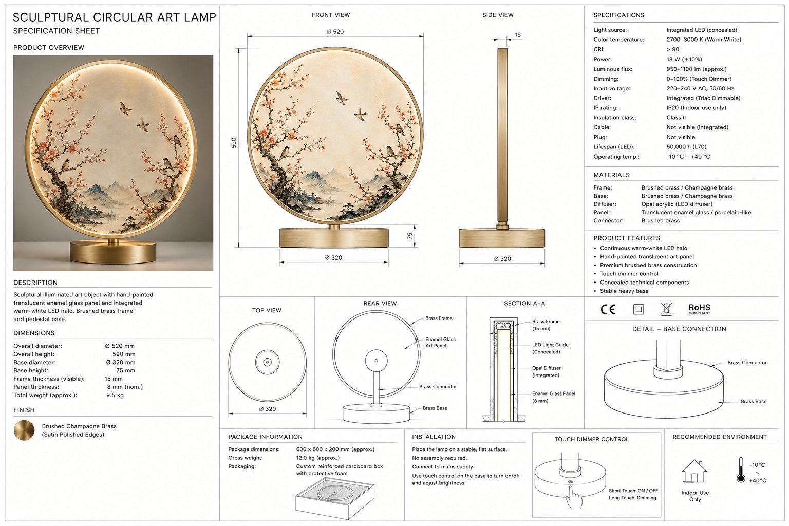 Specification sheet for the Chinois Ring: front, side, top and rear views with dimensions, section A–A through the build-up, base connection detail, specifications and packaging information