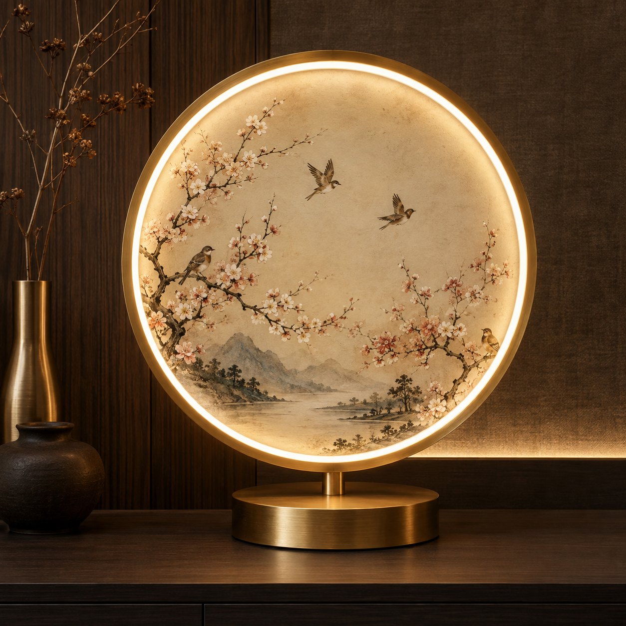 The Chinois Ring table lamp switched on: a lit art panel with plum blossom and birds in a brass ring