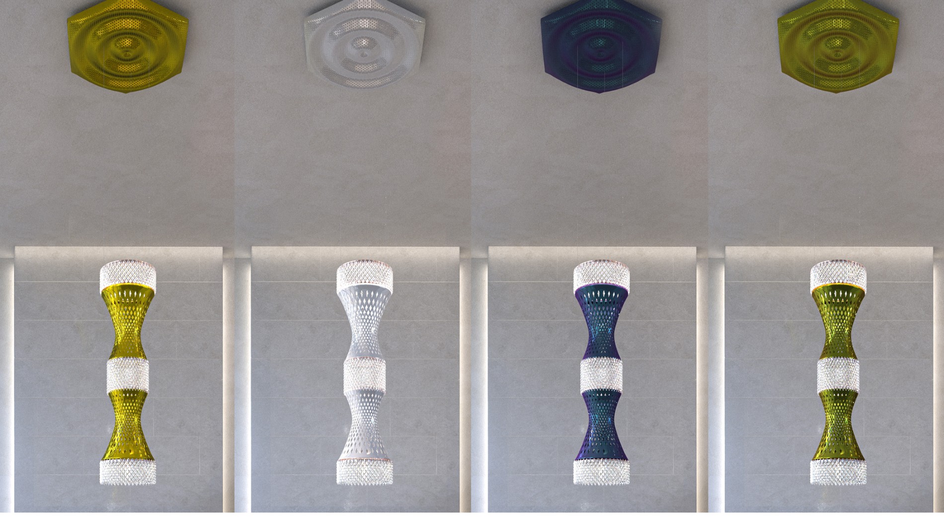 The same EOS light in four colourways — gold, silver, purple and green — each with its ceiling rose