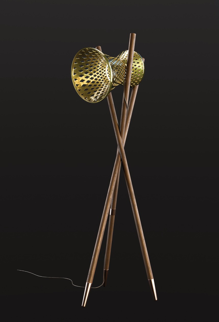 EOS Floor lamp: a pierced porcelain body on three interlocking oak bars