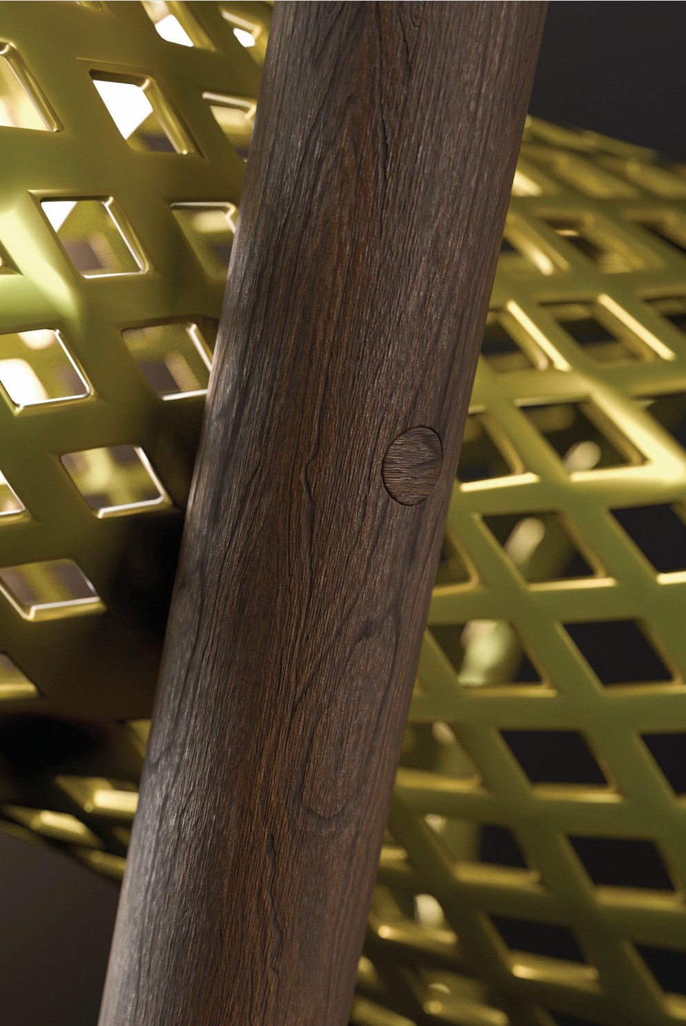 The surface of an EOS Floor oak bar with the driven wooden peg, the lit porcelain body behind