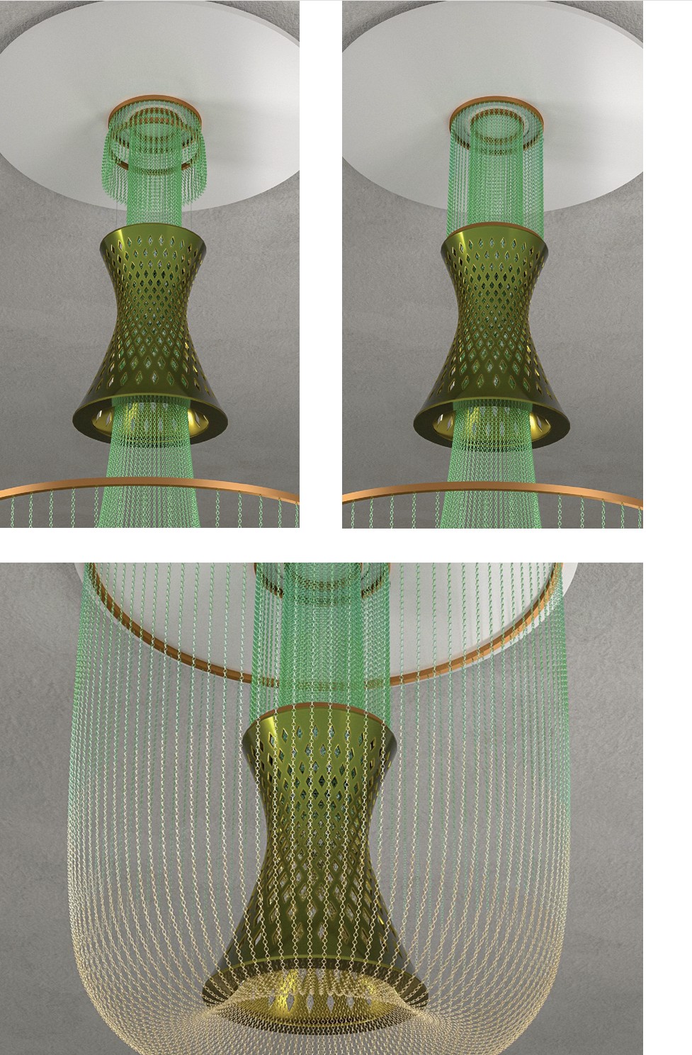 The EOS Gravity assembly sequence in four steps: ceiling ring, inner chain cylinder, porcelain body, outer chain curtain
