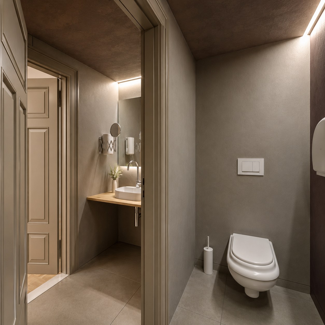 WC fülke mikrocement felületekkel, világos ajtókkal, a mennyezeti síkot körbefutó rejtett fényvonallal