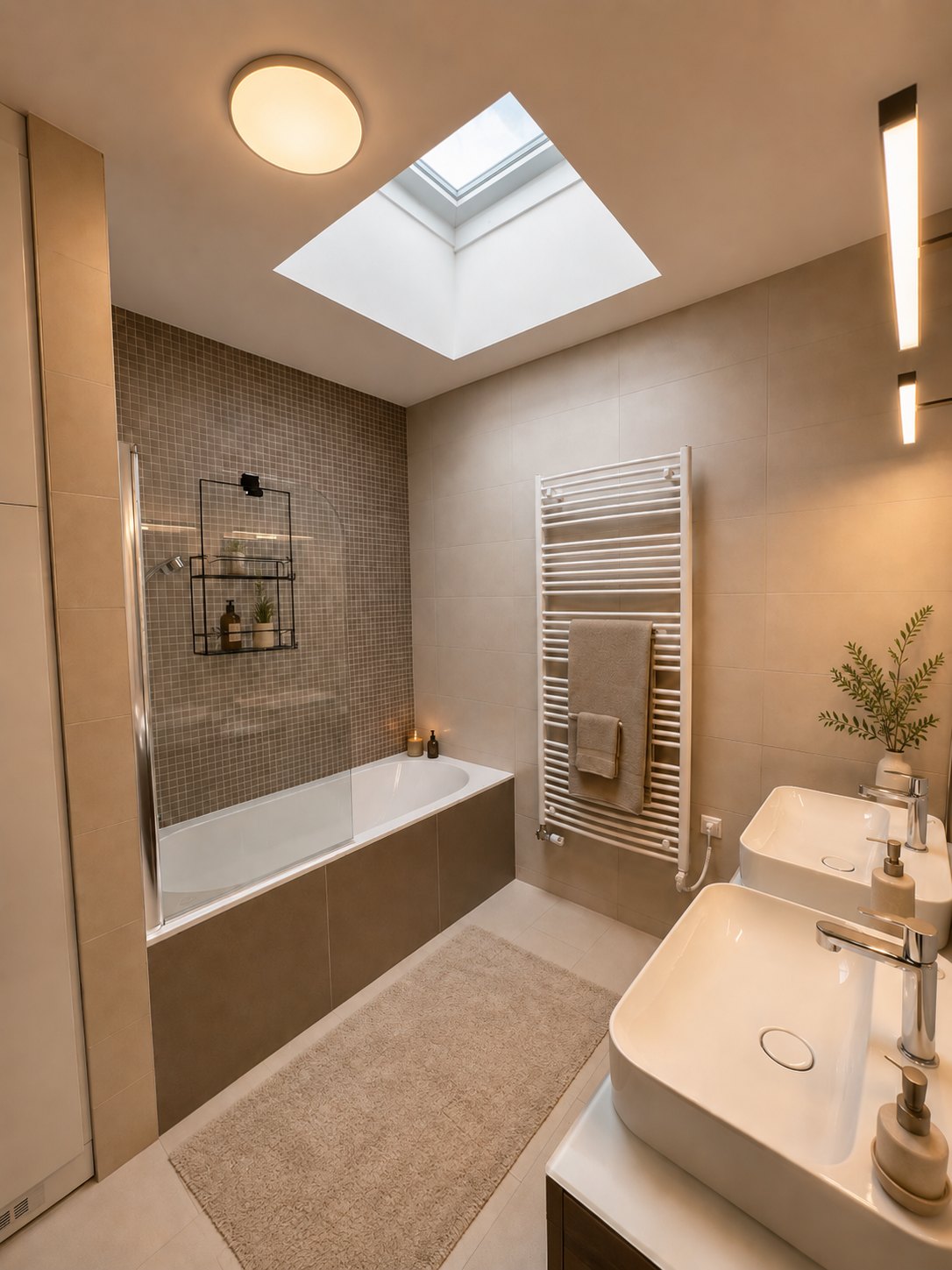 Fürdőszoba felülvilágítóval, kádas zuhannyal, mozaikburkolattal és két pultra ültetett mosdóval