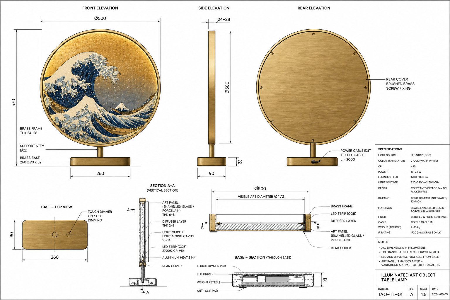 Workshop drawing of the Hokusai Ring: front, side and rear elevations with dimensions, sections through the build-up and the base, and a specification table