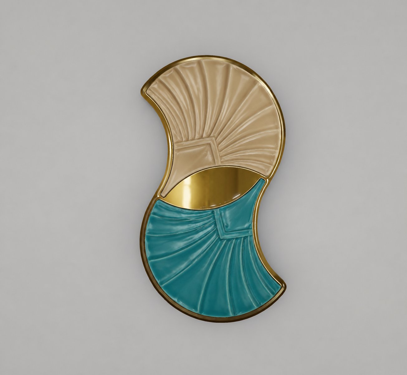 The Just Play wall light: beige and teal Zsolnay ceramic plates in a brass frame