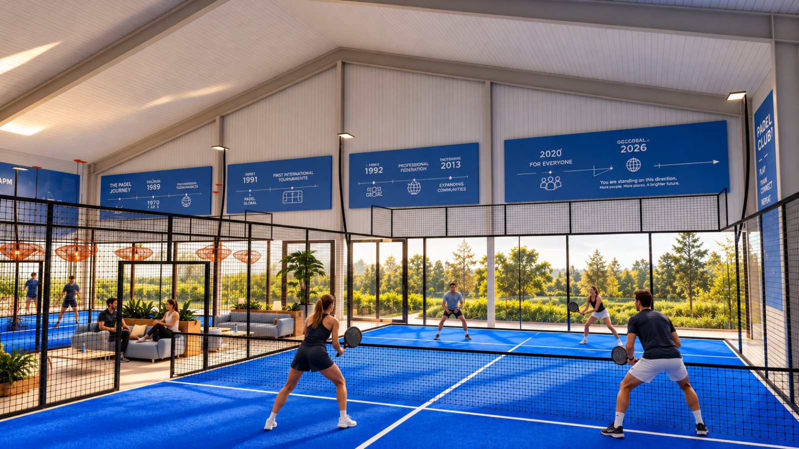 Four players on court; blue panels on the padel story high on the hall walls; a glass wall to the trees behind