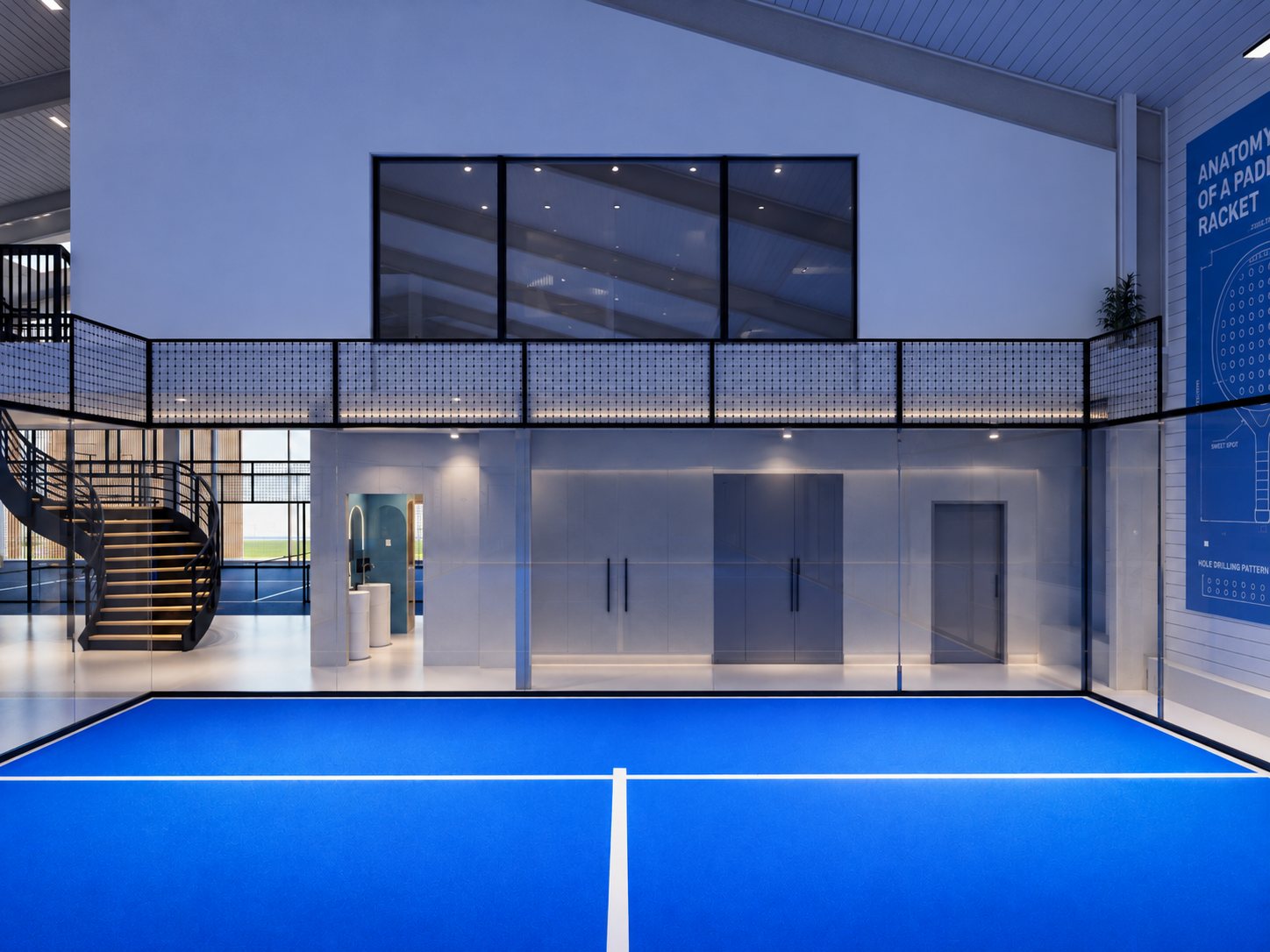 The competition court looking towards the gallery: above, the mirrored glass wall of the sauna; below, the changing-room entrances; the spiral stair on the left and the Anatomy of a Padel Racket panel on the right