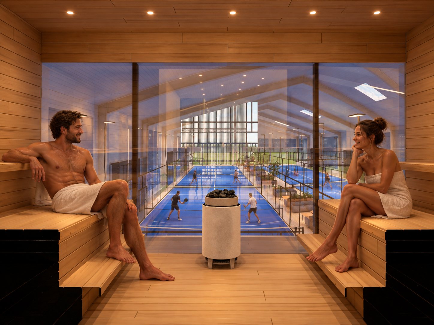Two guests on the sauna benches with the stove between them, behind them a glass wall onto the blue padel courts and players