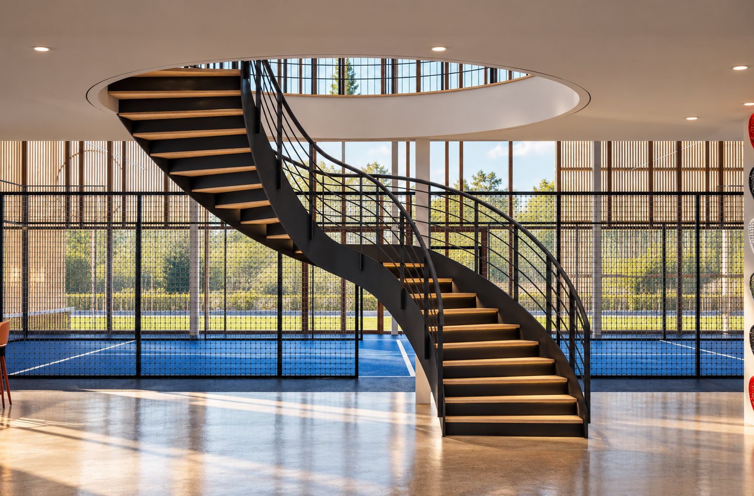 Steel spiral stair with timber treads rising through a round opening in the slab to the gallery, courts behind
