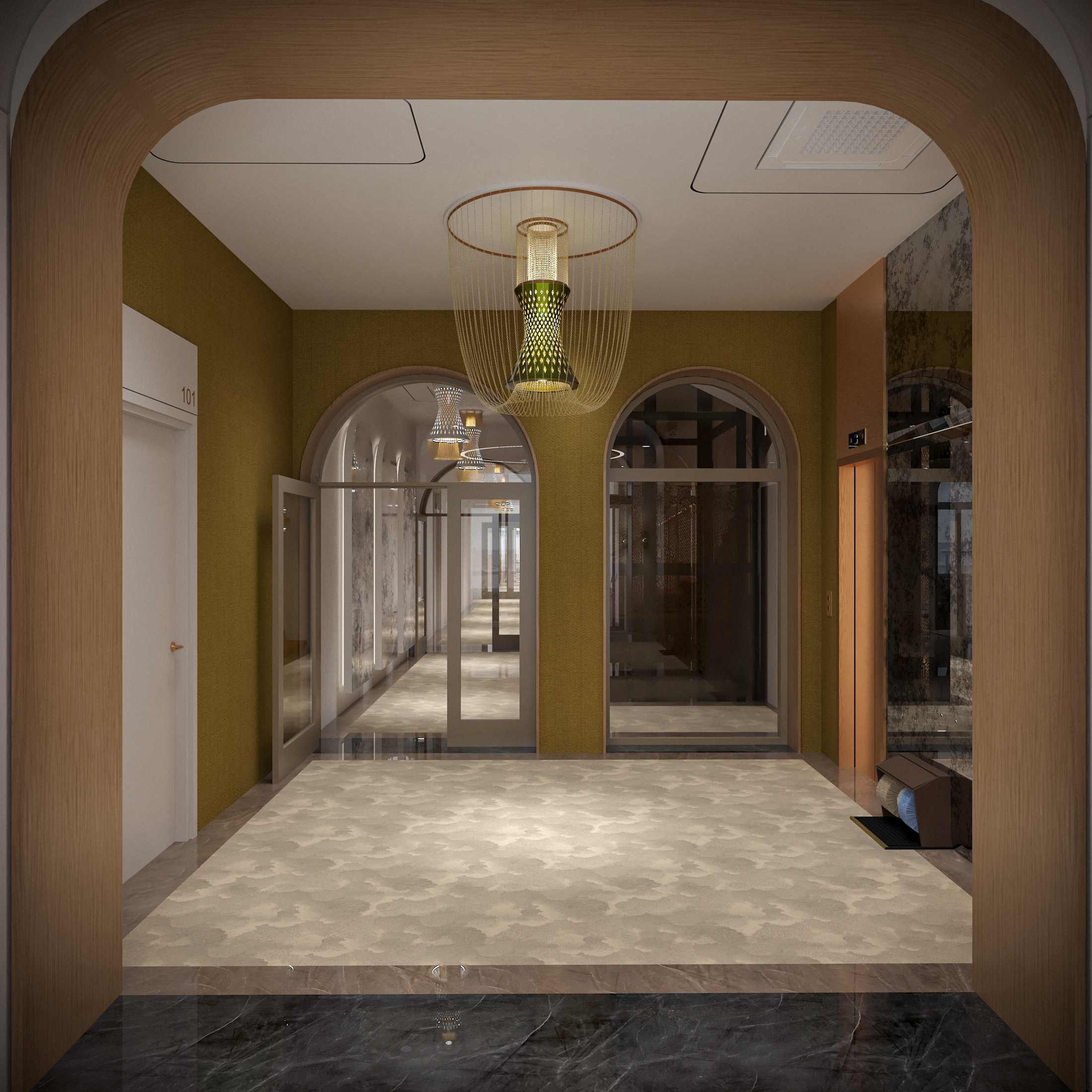 Lift lobby with an oak arch, mustard walls, a copper lift door and a large EOS chandelier, with the door to room 101 alongside