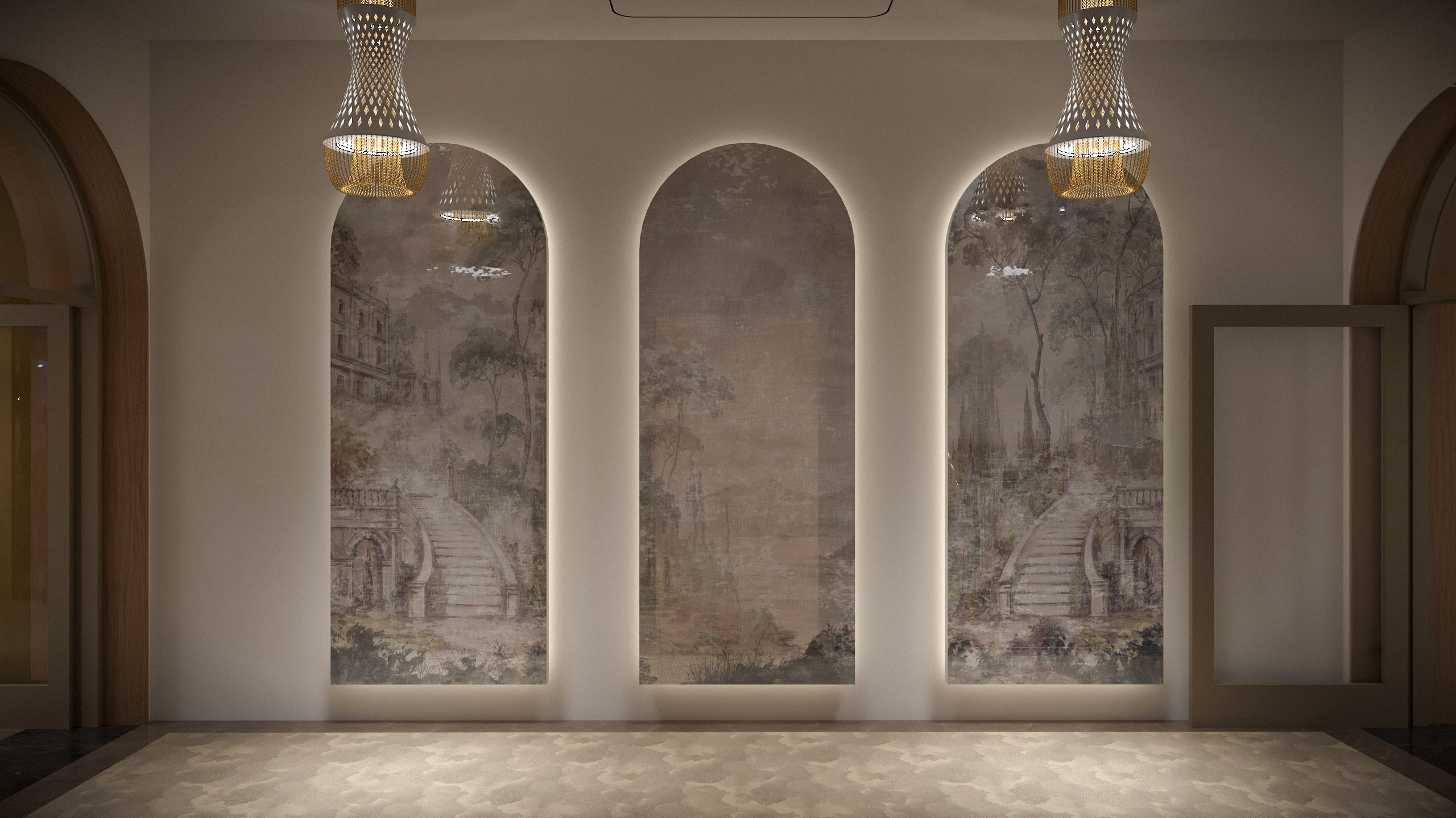 Three arched niches with painted glass panels showing a garden scene, framed by concealed lighting