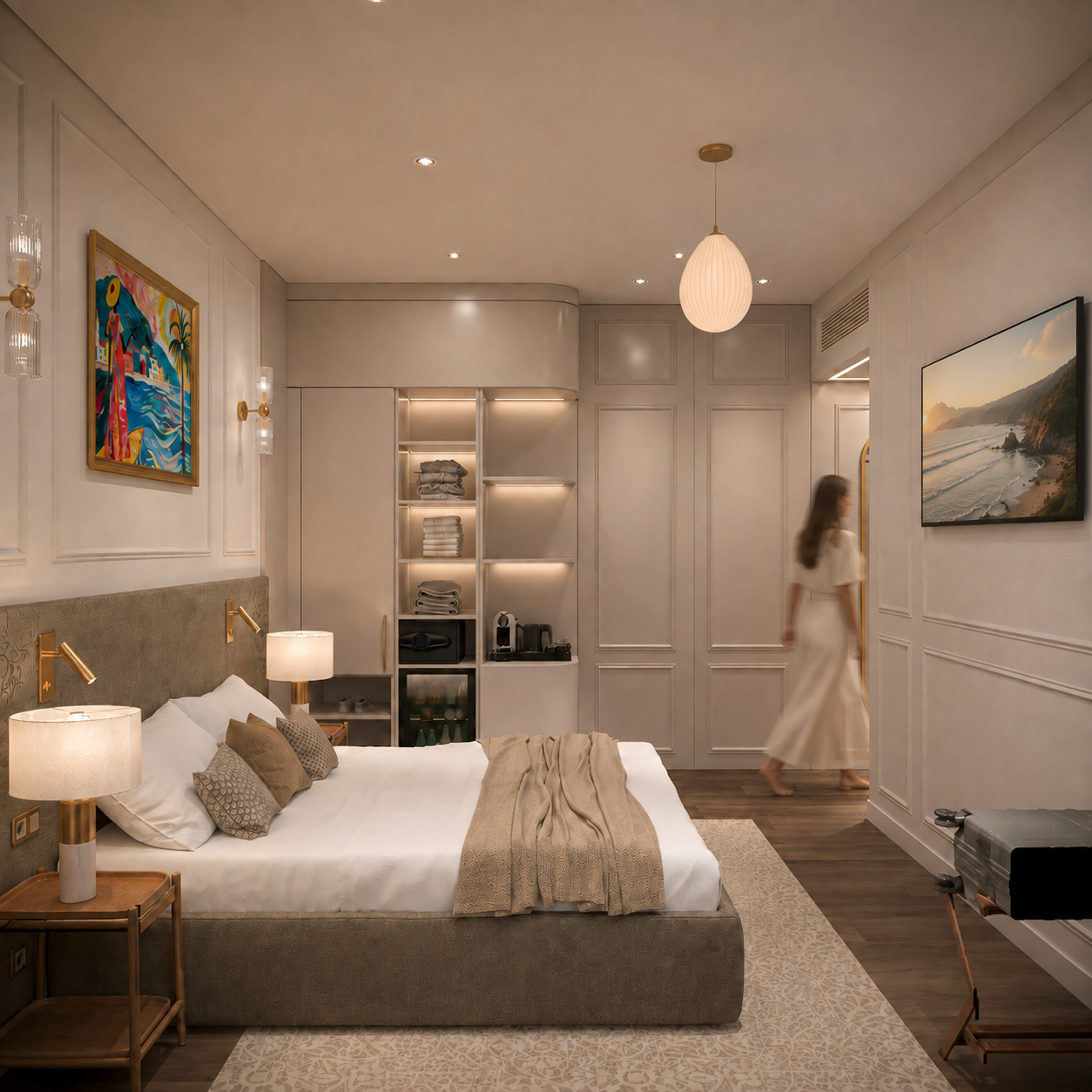 Room seen towards the wardrobe block: lit shelving, minibar, coffee machine and fitted joinery