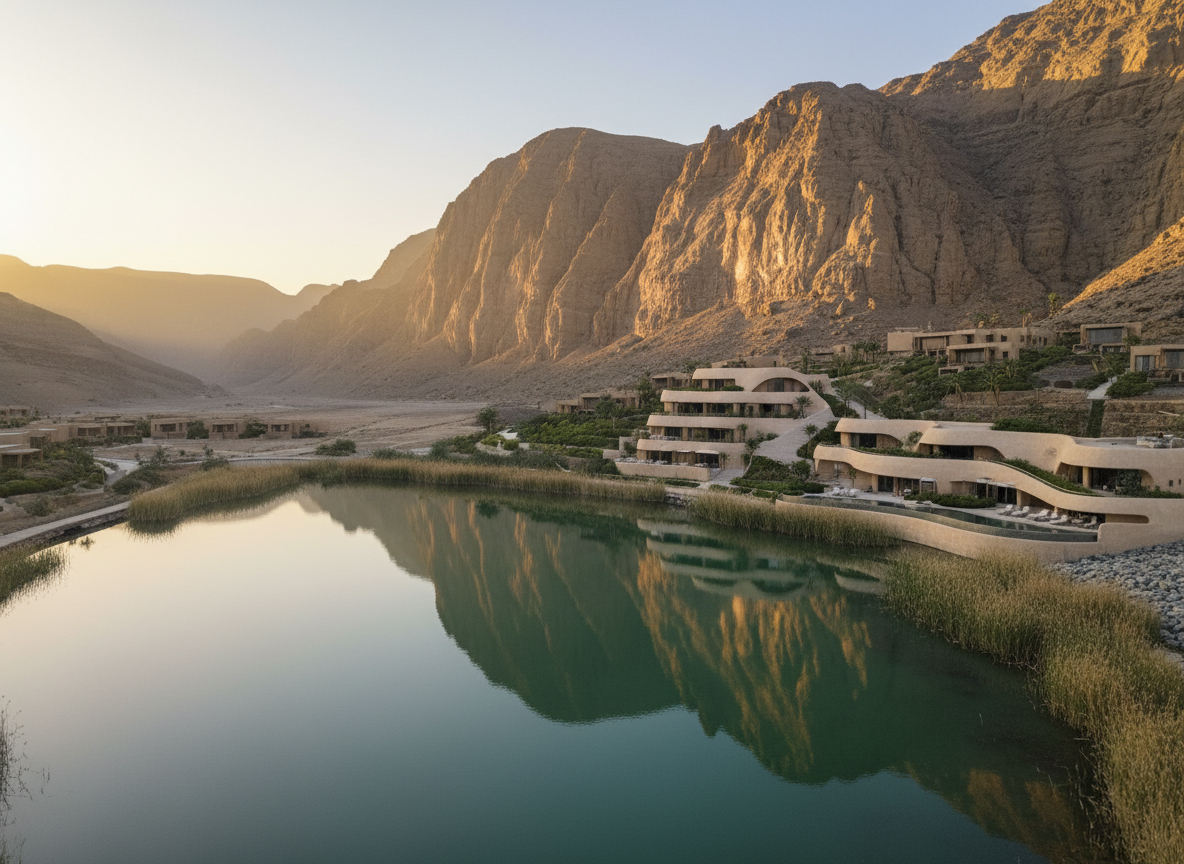 Ras Al Khaimah resort látványterve: nádszegélyes tó a Hadzsar-hegység völgyében, homokszínű egységekkel