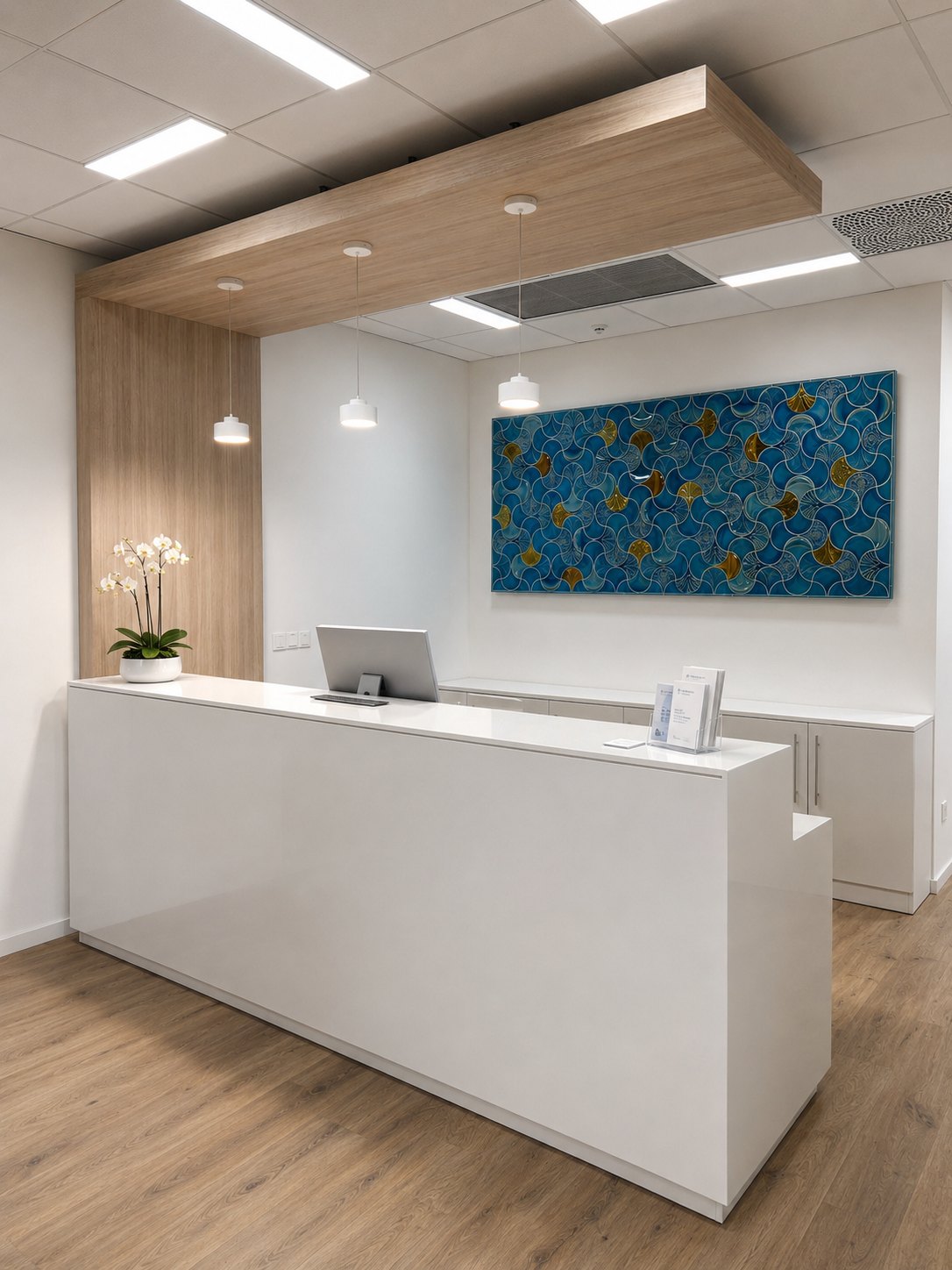 Iroda recepciója: fehér pult, tölgyfurnéros mennyezetmező, a falon celadon kerámiakép
