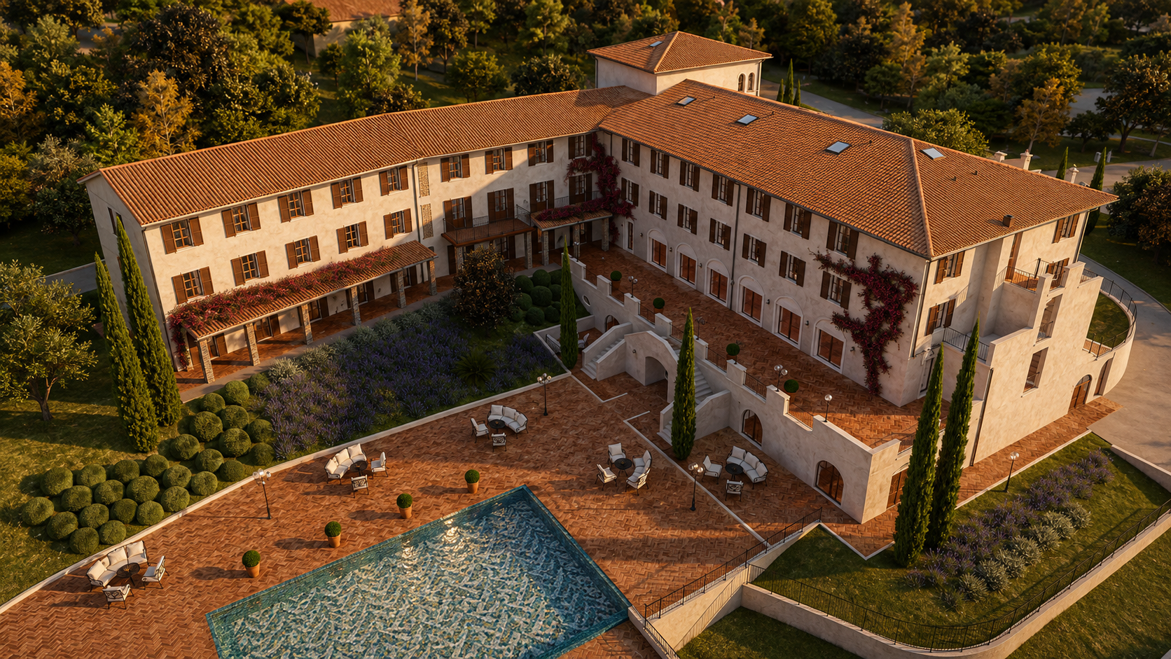 A volterrai hotel látványterve madártávlatból naplementében: L alakú, cserépfedésű épület, terrakotta burkolatú udvar és medence, körben ciprusok és levendula
