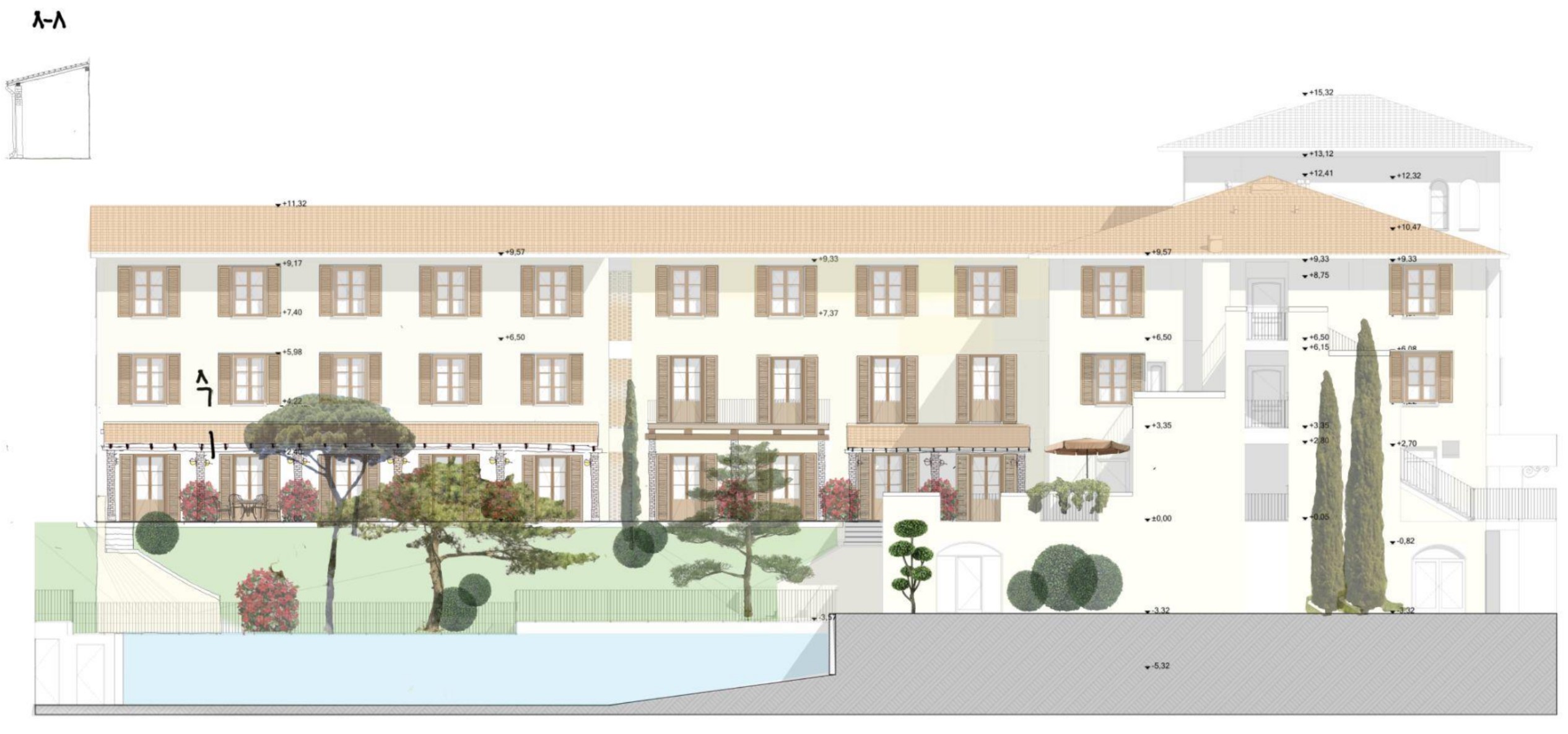 Építészeti homlokzat és metszet a hotelről szintkótákkal: a loggia, az udvari szárny és alatta a medence szintje. Építész: Toldi András, 2024.