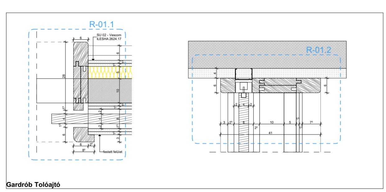 Gardróbszekrény tolóajtó csomóponti rajza, M 1:5, függőleges és vízszintes metszet. A falburkolat felületkódja SU 02 – Vescom ILESHA 2624.17. Ren Design kiviteli terv, 2025.
