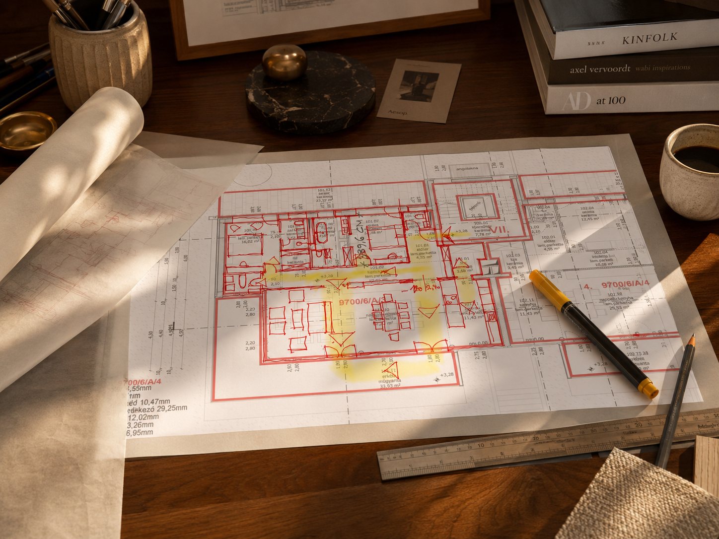 A printed floor plan on a desk, walls and furniture redrawn in red marker, circulation routes highlighted in yellow.